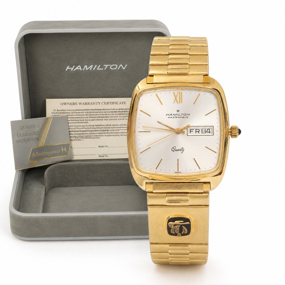 Hamilton Masterpiece Watch Mens OS Gold Excellent Quaker Oats 1990 Vintage Box